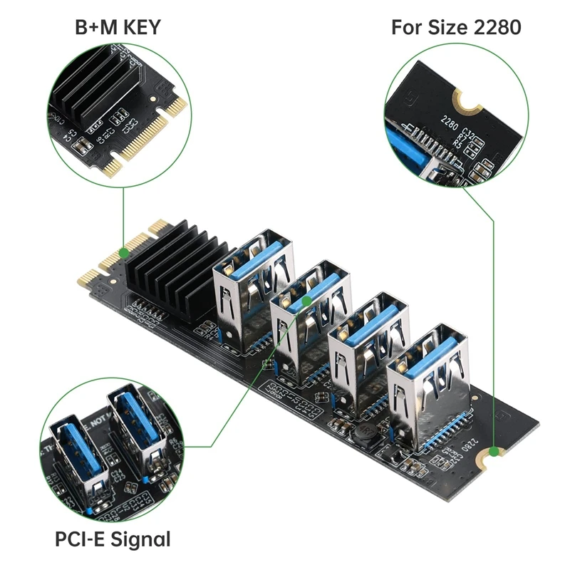 Top-M.2 nvme-4 usb pcieライザーアダプター,m2 m-key-pcie 1x usb 3.0コンバーターカード,ヒートシンク付き,ビットコインマイナーマイニング用