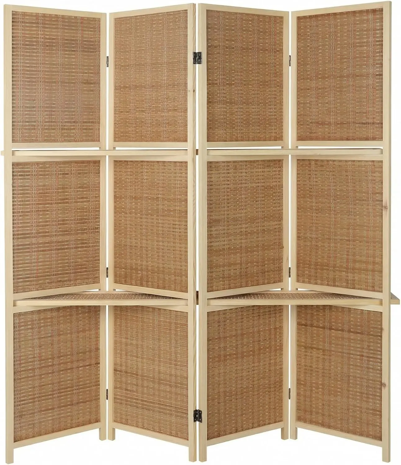 

4 Panel Bamboo Room Divider with Shelves, Lightweight Privacy Screen for Bedroom Home Office, No Assembly Required, Brow