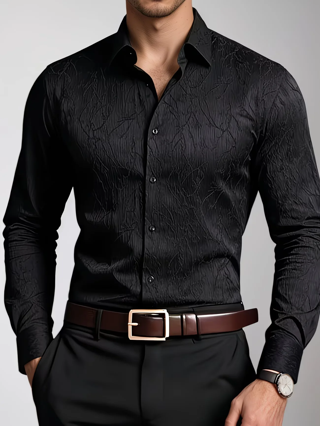 New black background dark pattern jacquard men's long sleeved shirt 3D printed slim fit commuting formal shirt
