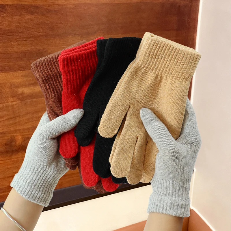 Solid Color Knitted Men's and Women's Autumn and Winter Warm Elastic Wool Finger-Separated Student Cycling Gloves