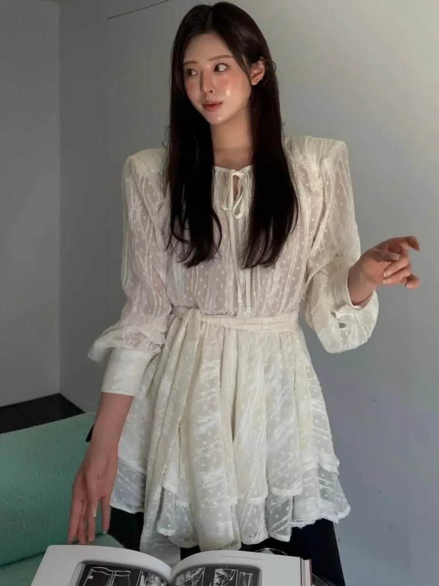 

Gentle Wind Lace Embroidery Long Sleeve Women's Shirt Mid-Length Belted Summer New Style Korean Loose Fit Top Fashion
