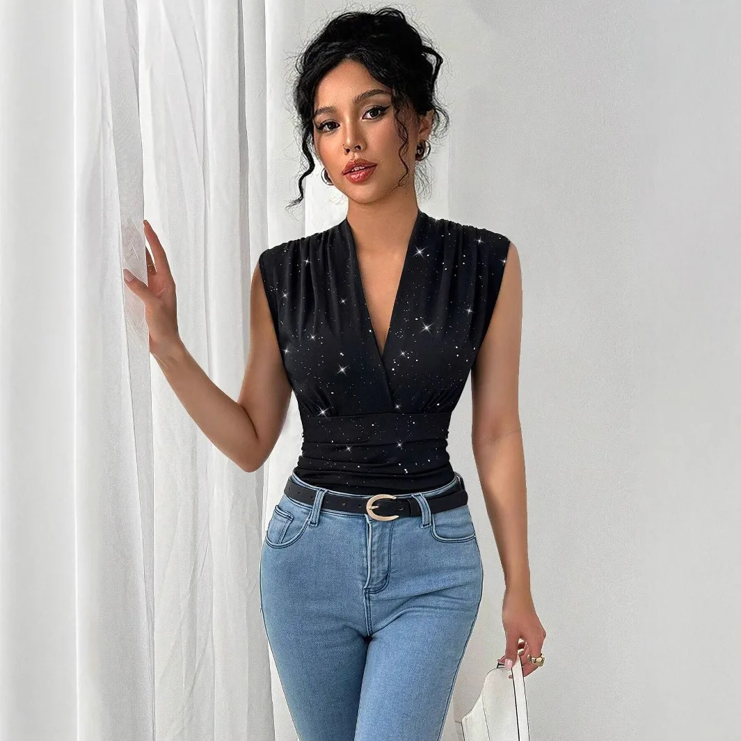2026 Summer New Women's V-neck Sleeveless Top With Shiny Sequin Decoration Dress Elegant Elegant Party Boho Femme