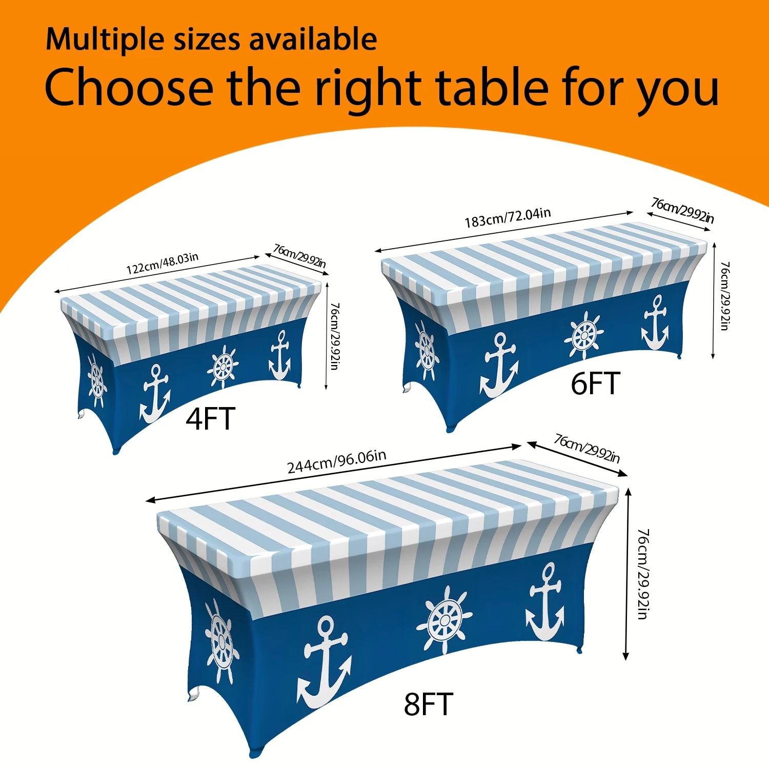 1PC Nautical Anchor & Ship Wheel Printed Elastic Tablecloth, 4/6/8FT Summer Outdoor Rectangular Stretch Table