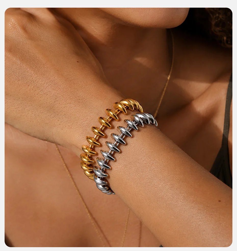 Vnox Vergoldetes, klobiges Marquise-Gliederarmband für Damen, minimalistisches, dickes Armband aus Edelstahl mit Perlen, Schmuckstück. – Detail 2