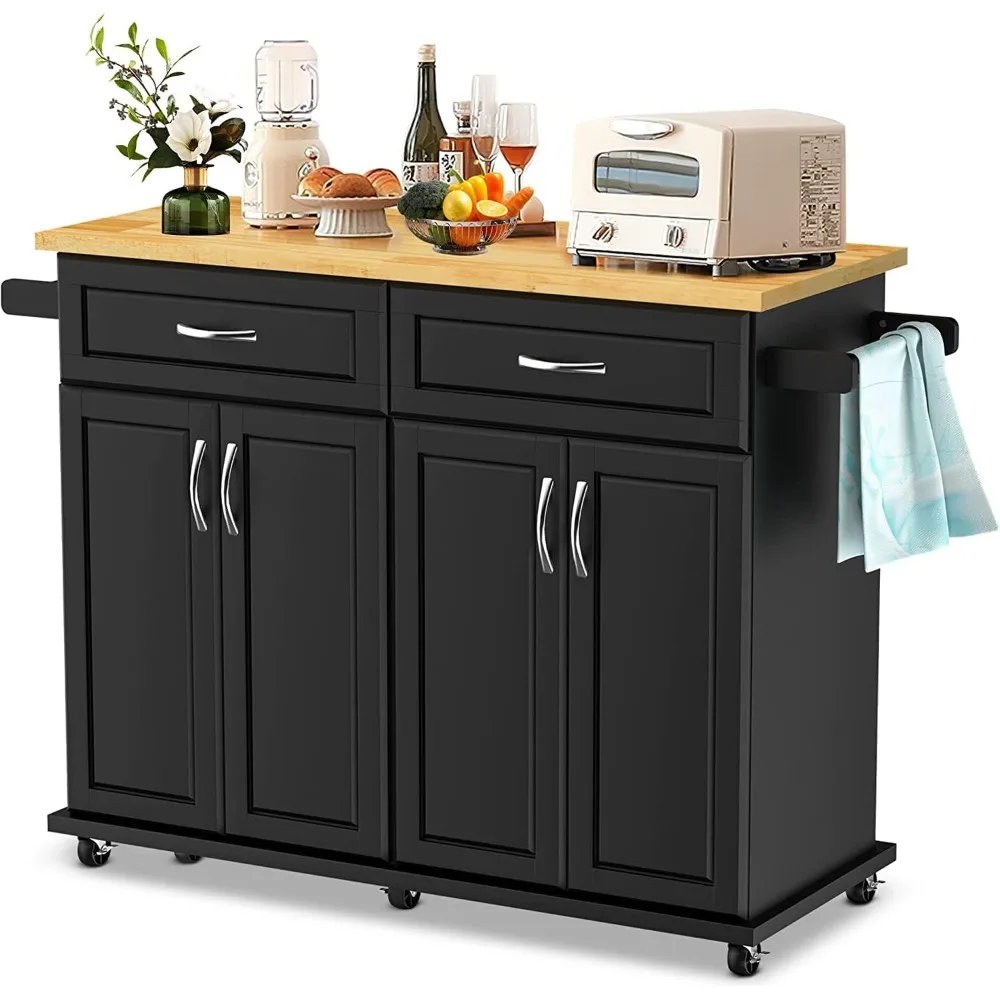 Kitchen Island Cart on Wheels with Cabinet, Rubberwood Countertop, Lockable Casters, Adjustable Shelves, Kitchen Storage Island