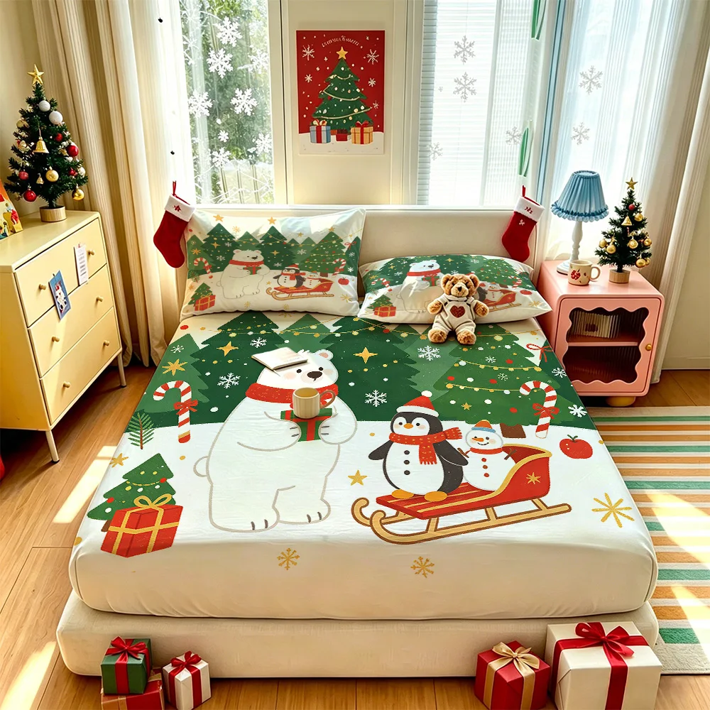 3PCS Christmas Polar Bear Penguin Sleigh Party Duvet Cover Bedding Set 1 Duvet Cover 2 Pillowcases Soft No Insert Bedding For