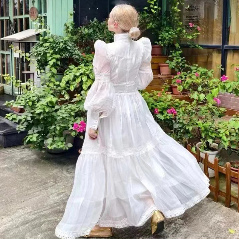 الفرنسية الرجعية اللباس المرأة الأورجانزا المرقعة الدانتيل الدانتيل الدانتيل الوقوف طوق بأكمام طويلة عالية الخصر بلون اللباس #4