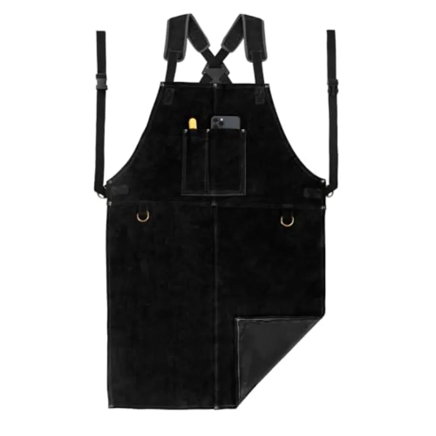 

Leather Welding Work Apron - Heat Resistant and Flame Resistant Bib Apron Flame Retardant Heavy Duty BBQ Apron