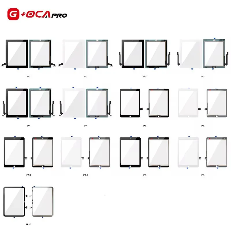 G+OCA-Pro Touch Glass With OCA No Home Button For Pad 2-10 Mini1/2/3/4/5/6 Air 2/3/4/5/11/13 Pro 9.7/10.5/11 Inch LCD Repair