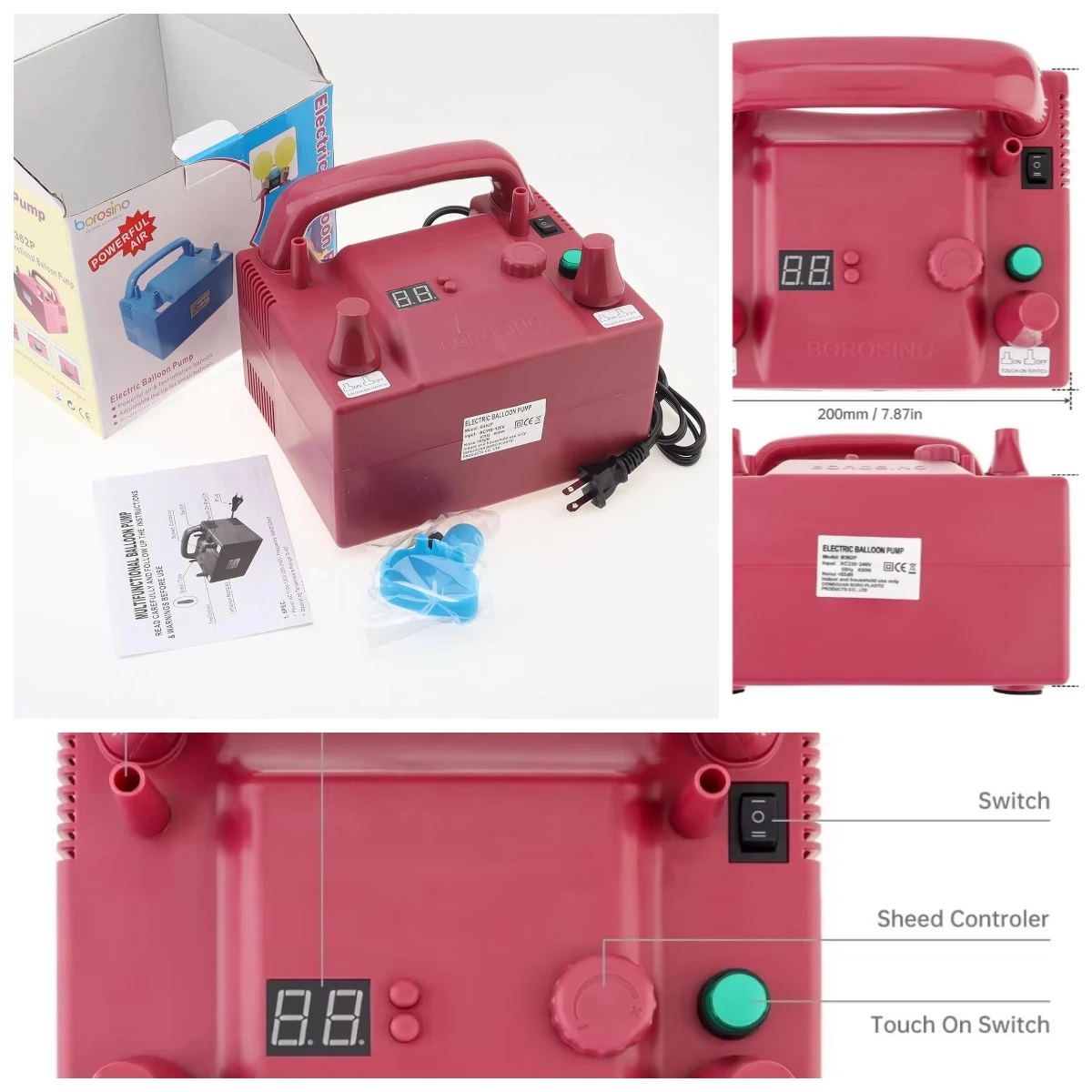 5In Portable Electric Balloon Blower Pump 800W Balloon Pump Inflation Machine Square Air Inflator with Speed Time Controller