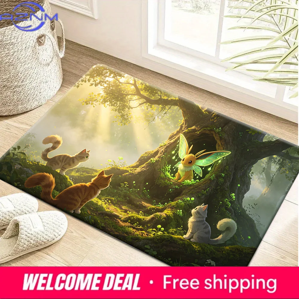 Enchanted Forest Fairy Creature Cute Cats Magical Sunlight Print Non-slip Absorbent Indoor Doormat Floor Rug