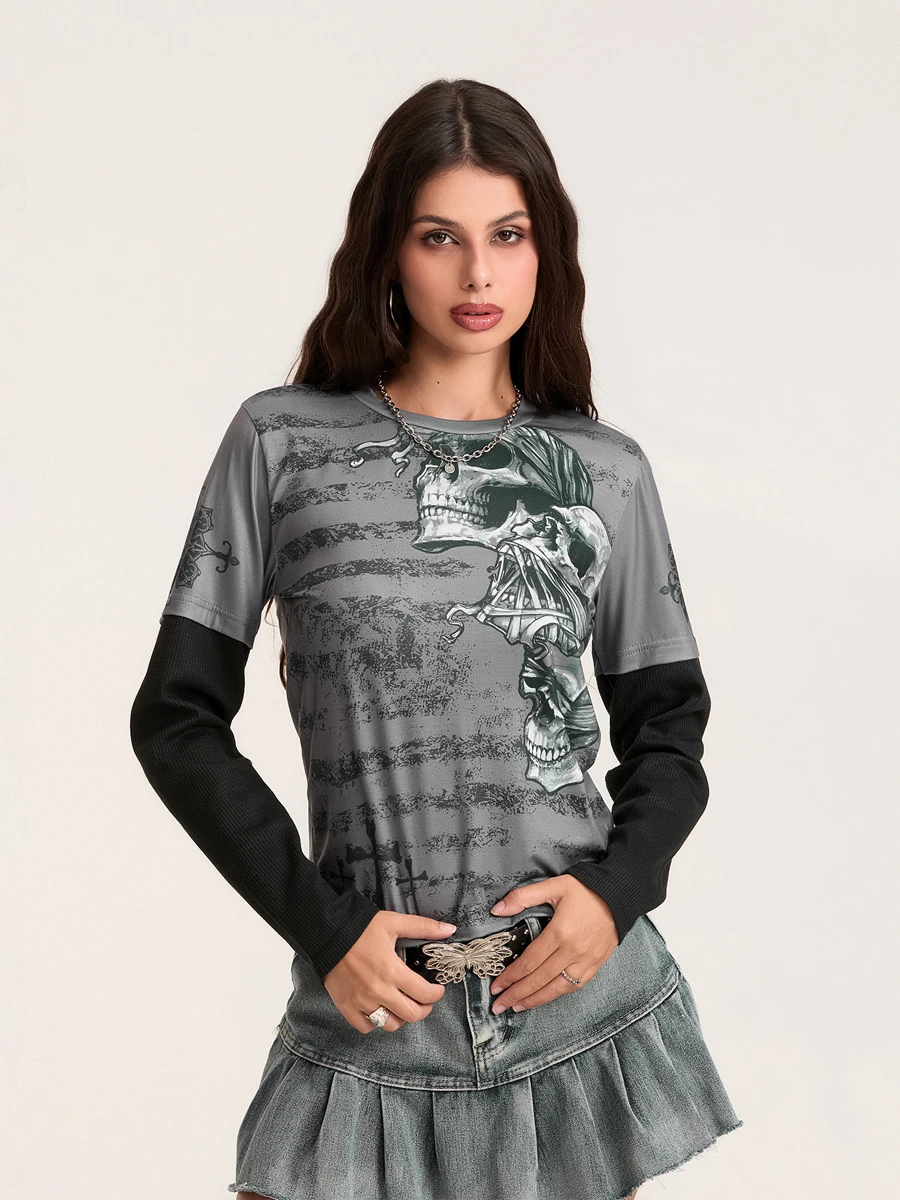 Women’s Fashion Skull Print Grunge T-Shirts Gothic Fake Two-Piece Patchwork Long Sleeve Round Neck Loose Fit Tops Fall Blouses