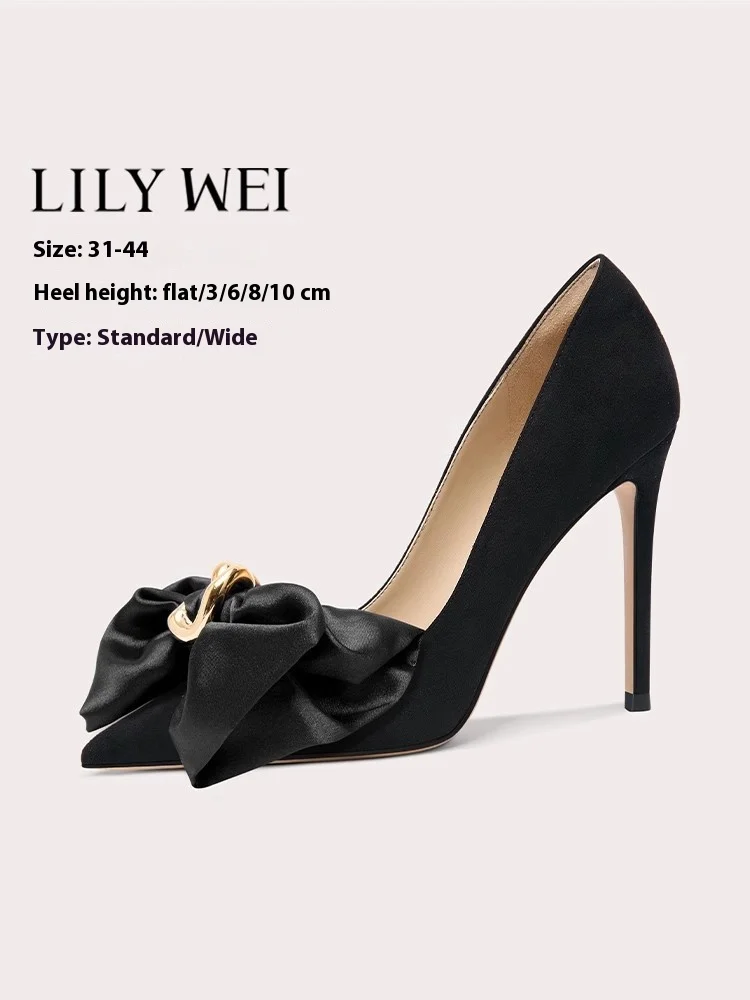 

Осенние новые туфли на плоской шпильке, неглубокие замшевые туфли с металлической цепочкой и атласным бантом, расширенные женские туфли большого размера, маленького размера