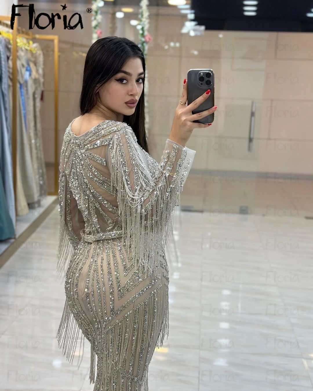 Muslim Beaded Long Sleeve Evening Dress Long Tassel Luxury 2024 Women Formal Gown For Wedding Mermaid Prom Pageant Gowns Dubai