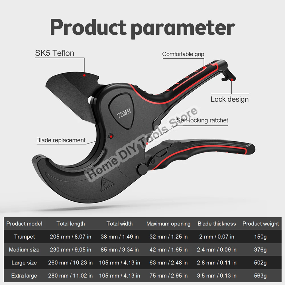 Pipe Cutter 32mm-75mm Aluminum Alloy Body Ratchet Scissors Tube Cutter PVC/PU/PP/PE Hose Cutting Hand Tools