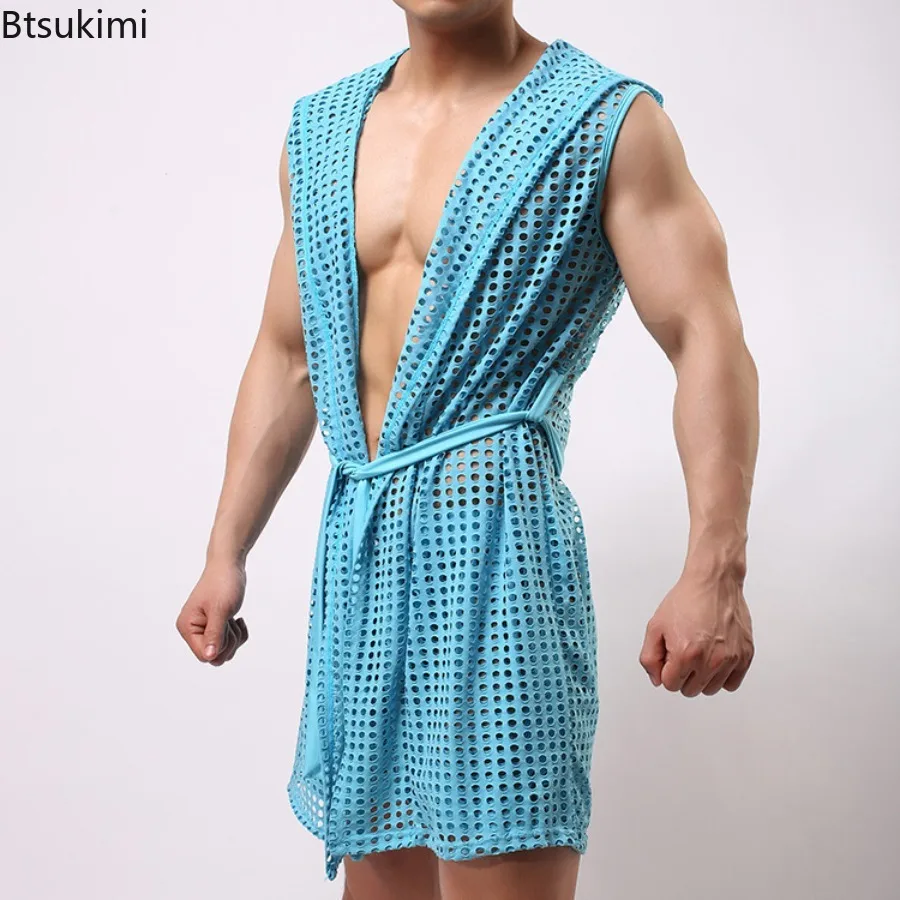 2026 Men's Sexy Solid Color Bathrobe Sleeveless Hollow Out Mesh Hooded Cardigan Shawl for Men Lace-up Night Robe Homewear Male