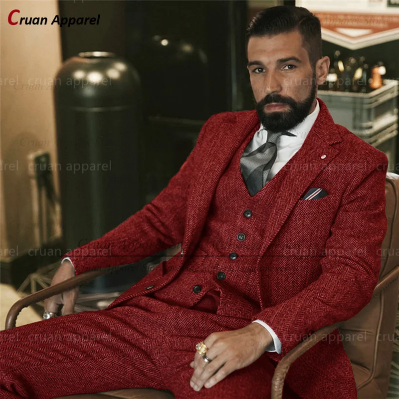 Brown Tweed Suits for Men Slim fit Classic Herringbone Businees Wedding Vintage Tuxedo Tailor-made Blazer Vest Pants 3 Piece Set