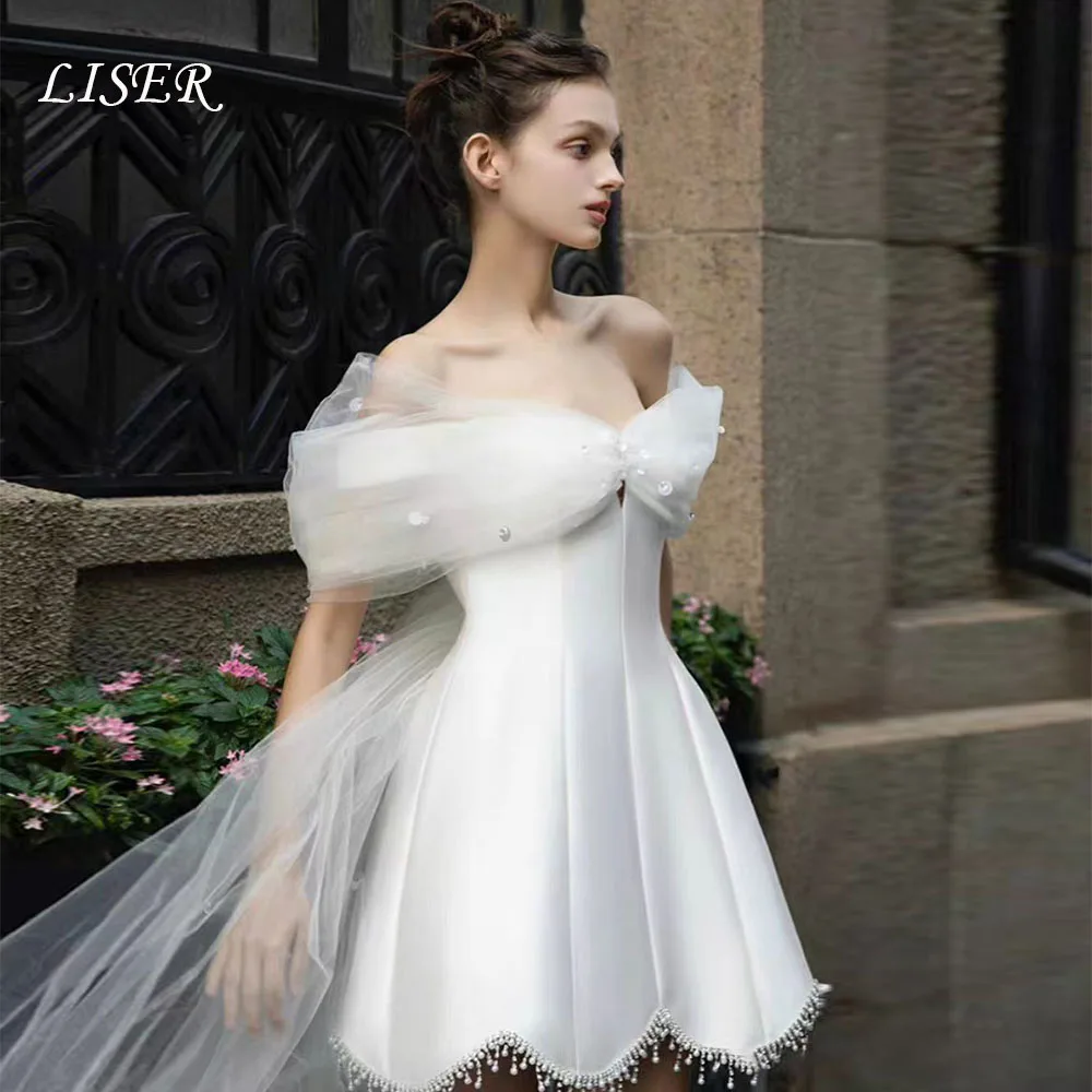 Liser Prinzessinnen-Mini-Hochzeitskleid Schulterfreies Tüllkleid mit Schleife und Satin-Kristall-Quaste A-Linie Brautkleid für Fotoshootings