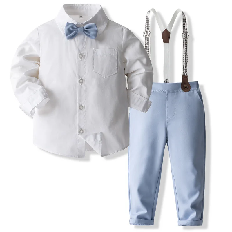 4Piece Set Spring Fall Baby Boy Clothes Fashion Gentleman Long Sleeve Tops+Pants+Tie+Straps Children Boutique Clothing BC2459-1