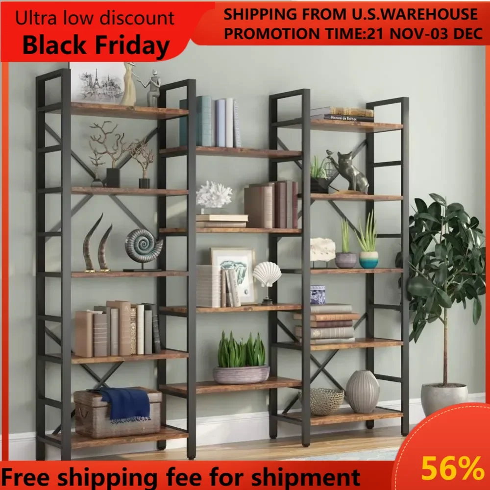 Triple Wide 5-Shelf Bookcase, Etagere Large Open Bookshelf Vintage Industrial Style Shelves Wood and Metal bookcases Furniture