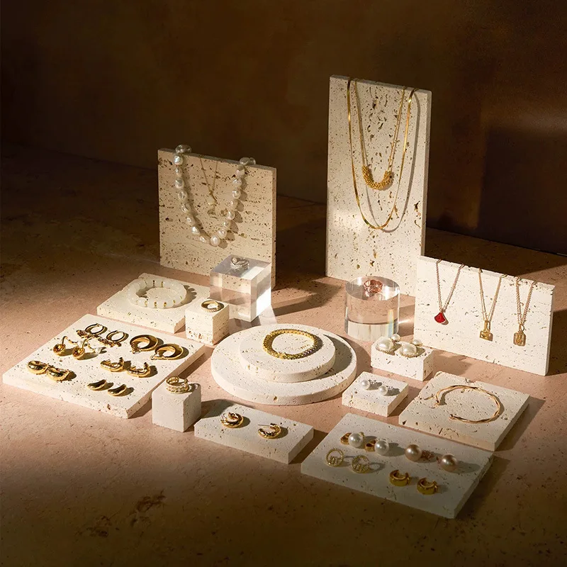 Natural White Yellow Cave Stone Storage Retro Marble Tray Cave Stone Jewelry Display Props