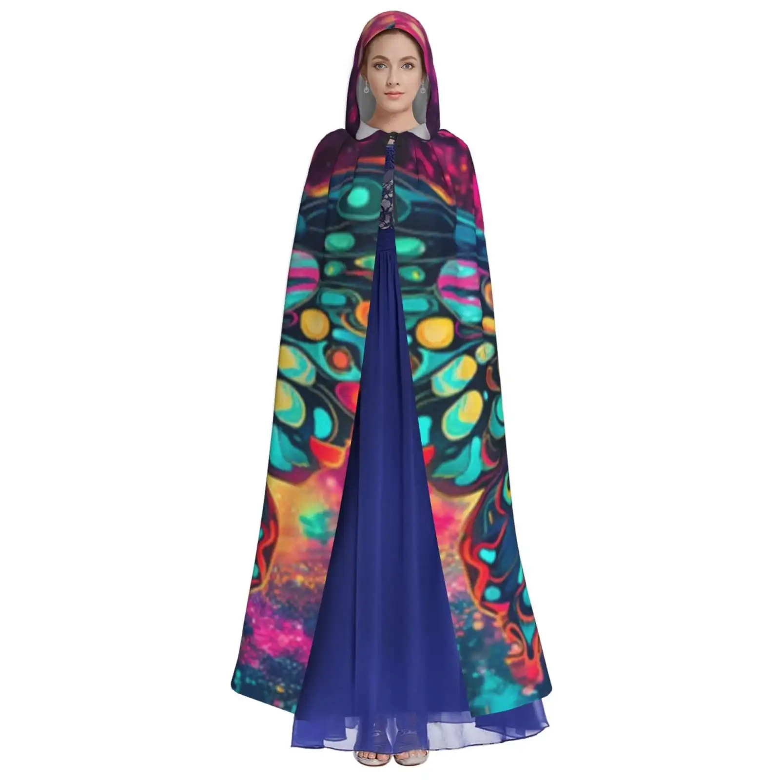 Unisex Hooded Cloak Adult Lightweight Overcoat Psychedelic Trippy Butterfly Cartoon 70s Rave Style Cloak For Halloween Cosplay C