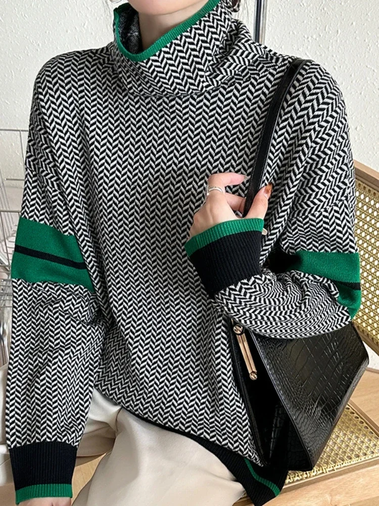 2024 Autumn/Winter Fashion New Collection Women's Checkered Printed High Collar Warm Hoodie Loose Color Blocked Elegant Sweater