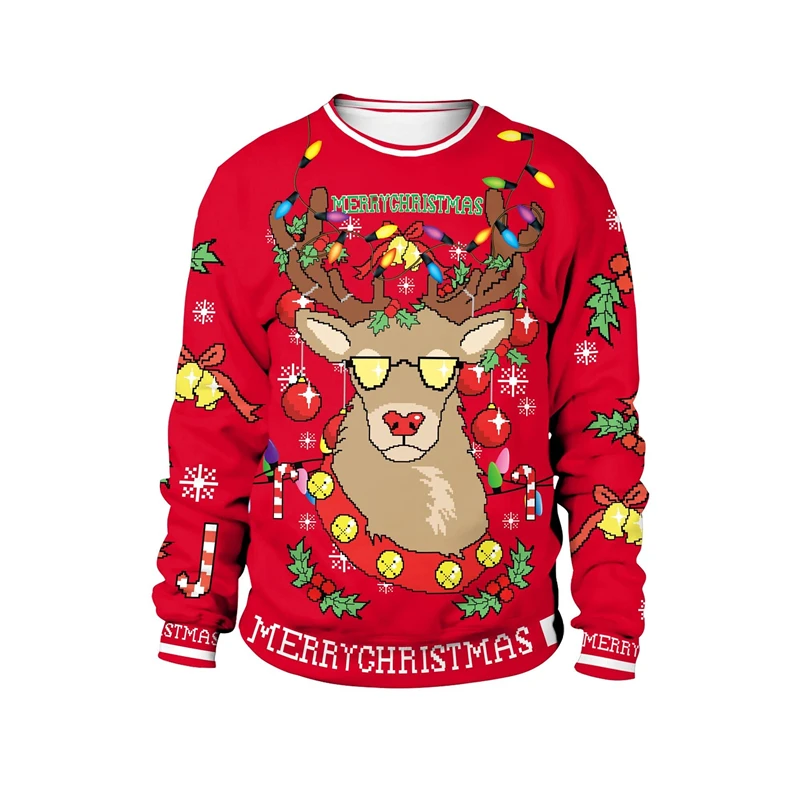 Mens Sweater 3d Printed Reindeer Snowman Graphic Sweatshirt Men Funny Ugly Christmas Crewneck Sweater Kids Pullovers Men Clothes