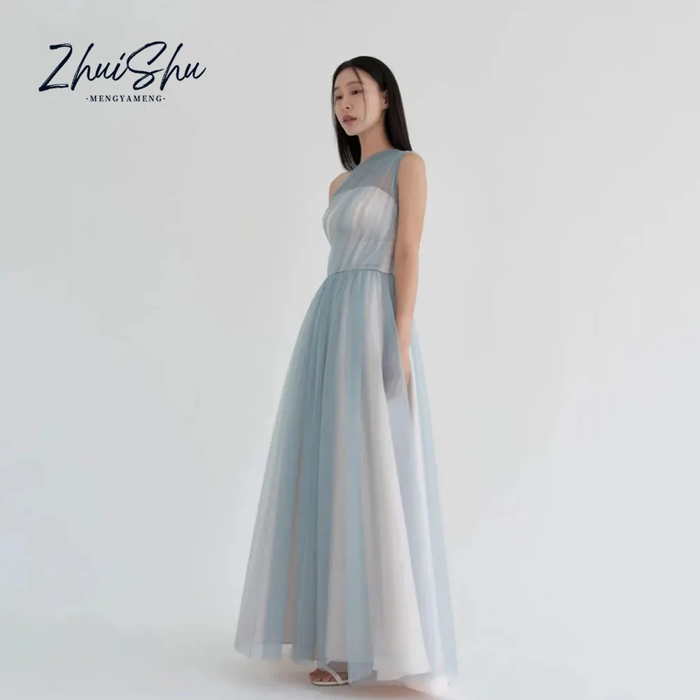 One-Shoulder Contrast Color Korean Wedding Dresses Customized Bridal Party Dress Soft Tulle Wedding Reception Dress
