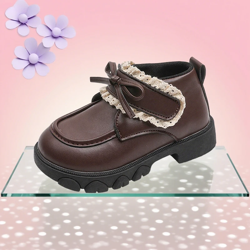 

Children's Short Boots 2-18 Years Old Brown Bow Lace Girls Single Boots Black Fashion Versatile Kids Loafers Girls Leather Boots