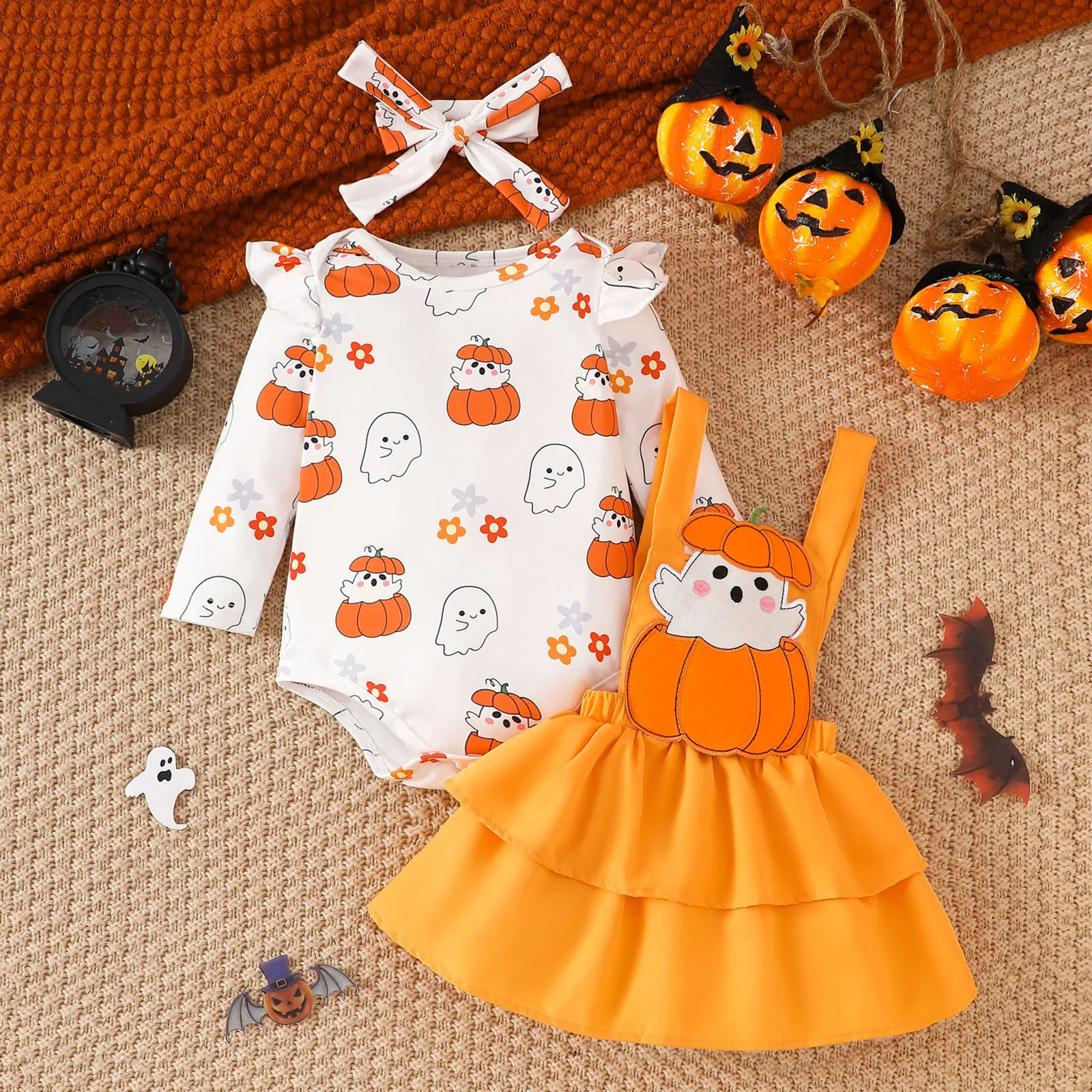 Infant Girls Halloween Outfits Sets Autumn Winter Long Sleeve Cartoon Romper Bodysuit Suspender Skirts Outfits Halloween Clothes