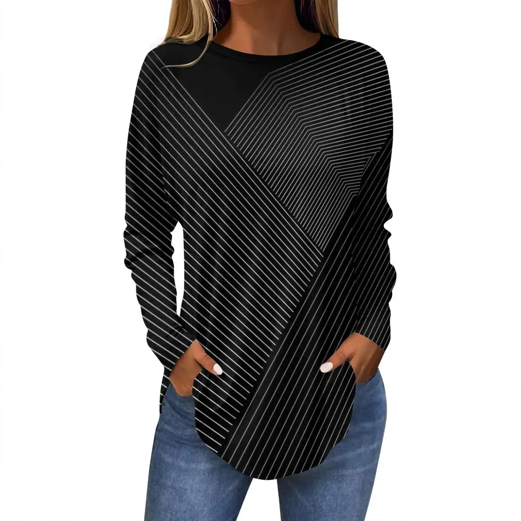 Camiseta feminina 3d geométrica irregular impressão moda manga comprida em torno do pescoço regular topos férias fim de semana primavera e outono
