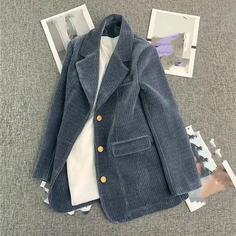 

Women's Blue Suit Single Breasted Corduroy Jacket Autumn Winter Outerwear Loose and Casual Female Long Sleeves Thin Coat