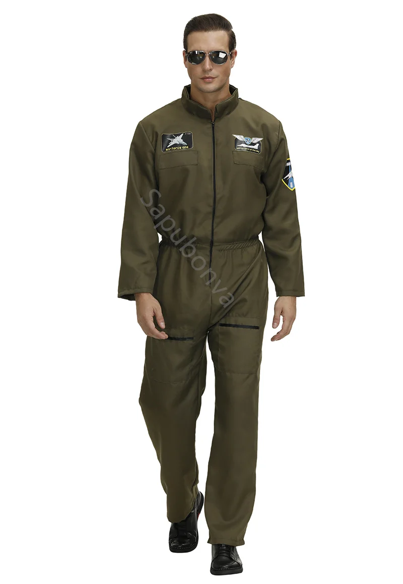 Men's Flight Suit Costume Military Fighter Pilot Jumpsuit Halloween Costume Cosplay One Piece Overalls ArmyGreen