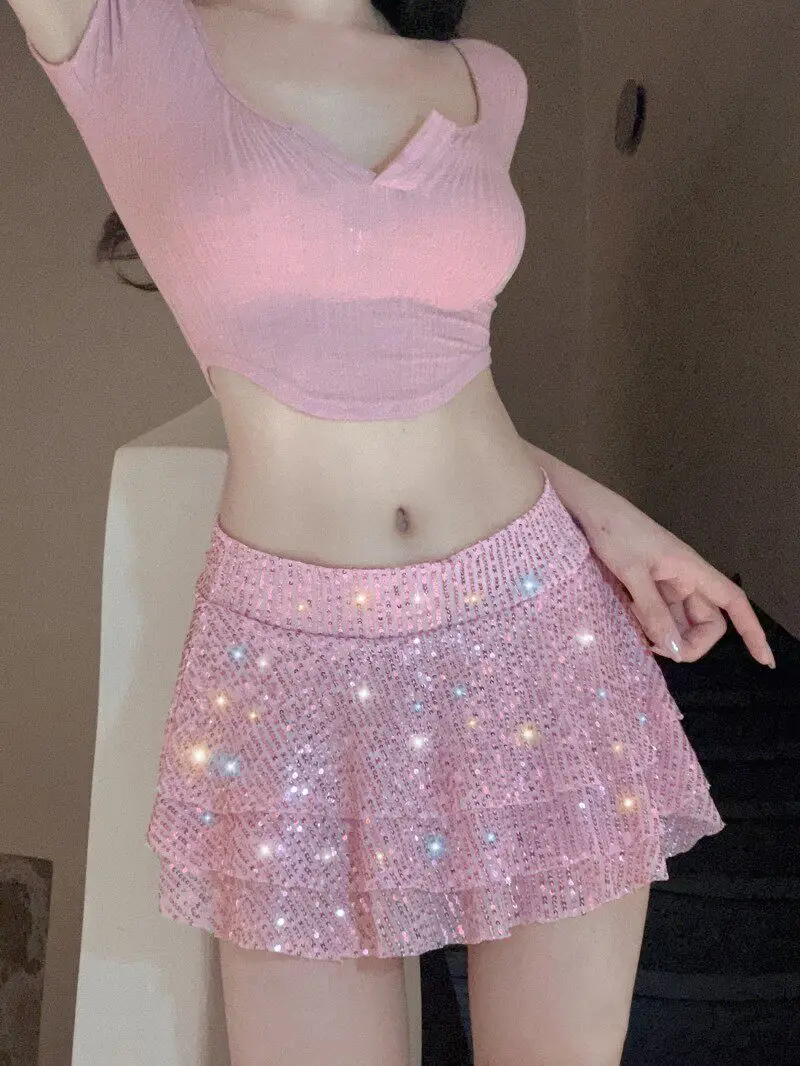 Spicy Girl Pink Sequin Multi-Layer Ruffle Edge Slimming Skirt Women