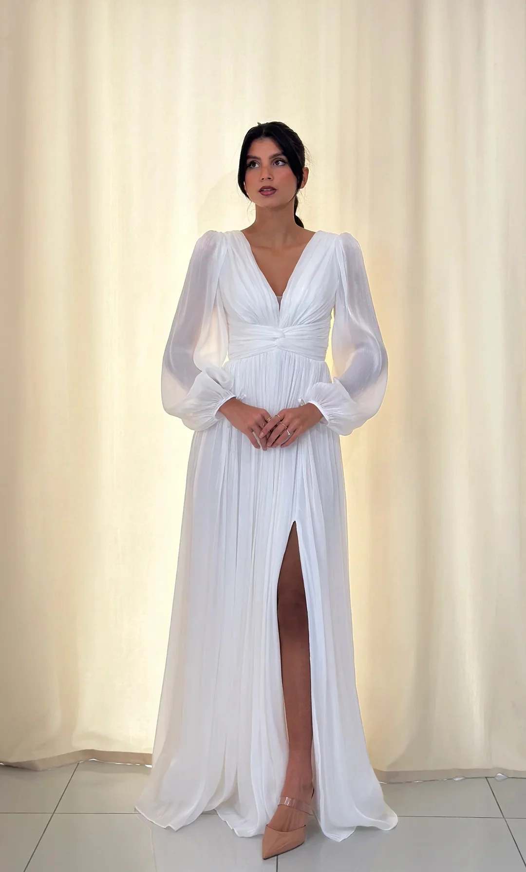 

DRESS FORU Classic White Evening Dresses Tulle for Floor-Length V-Neck Asymmetrical Prom Party Robes De Soirée Customized
