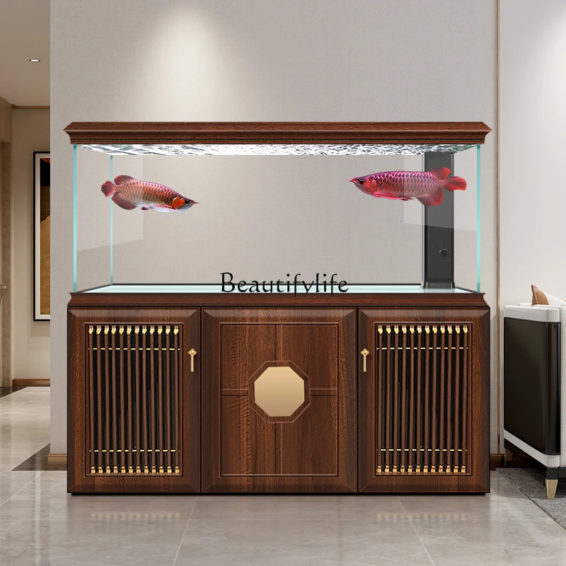 

Solid wood ultra-white glass fish tank living room household floor-to-ceiling filter large arowana tank