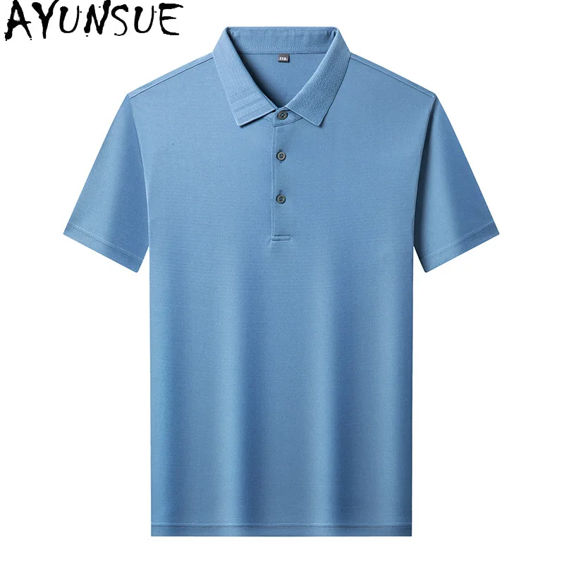 

AYUNSUE 100% Pure Mulberry Silk Polo Shirt Man Short Sleeve Top 2025 Summer Solid Color High-end Polo T Shirt Men polo de hombre