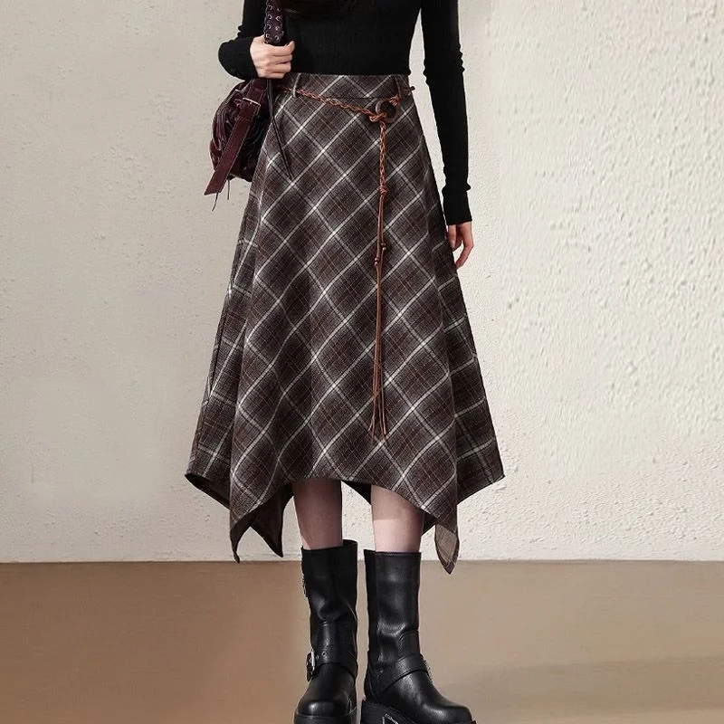 

Women's 2025 Autumn And Winter New High-waist Drape Retro Mid-length A-line Irregular Plaid Woolen Skirt