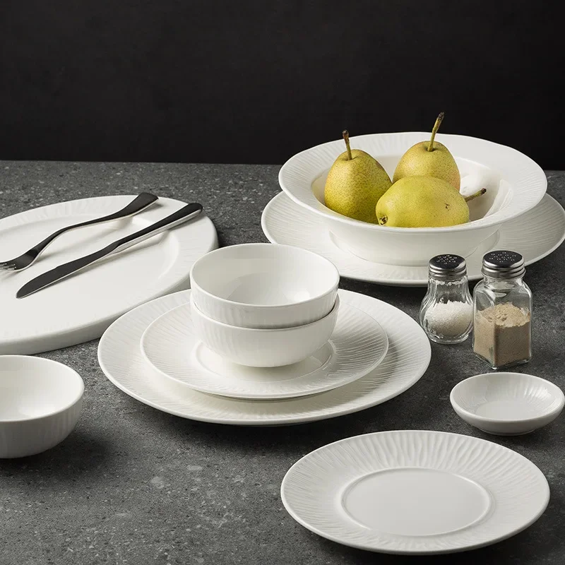 CLLminimalist ceramic dish set, simple white porcelain relief pearl tableware, household eating bowl, plate, single bowl
