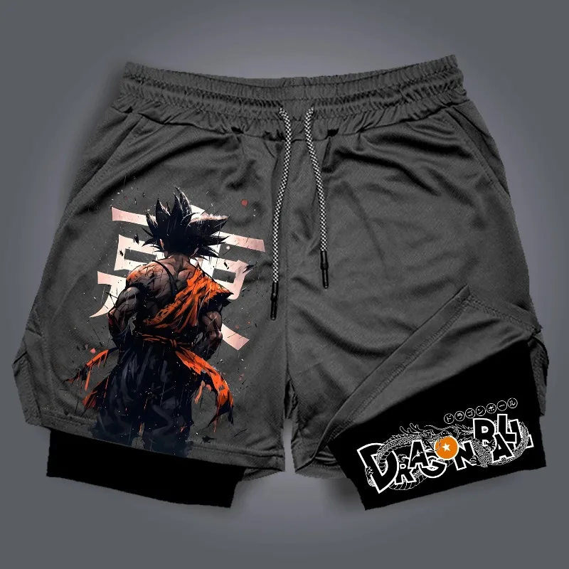 Pantaloncini 2 in 1 da uomo della nuova estate Anime giapponesi Dragon Ball Goku Grafica Sport ad asciugatura rapida Pantaloncini maschili a doppio ponte Pantaloni da palestra
