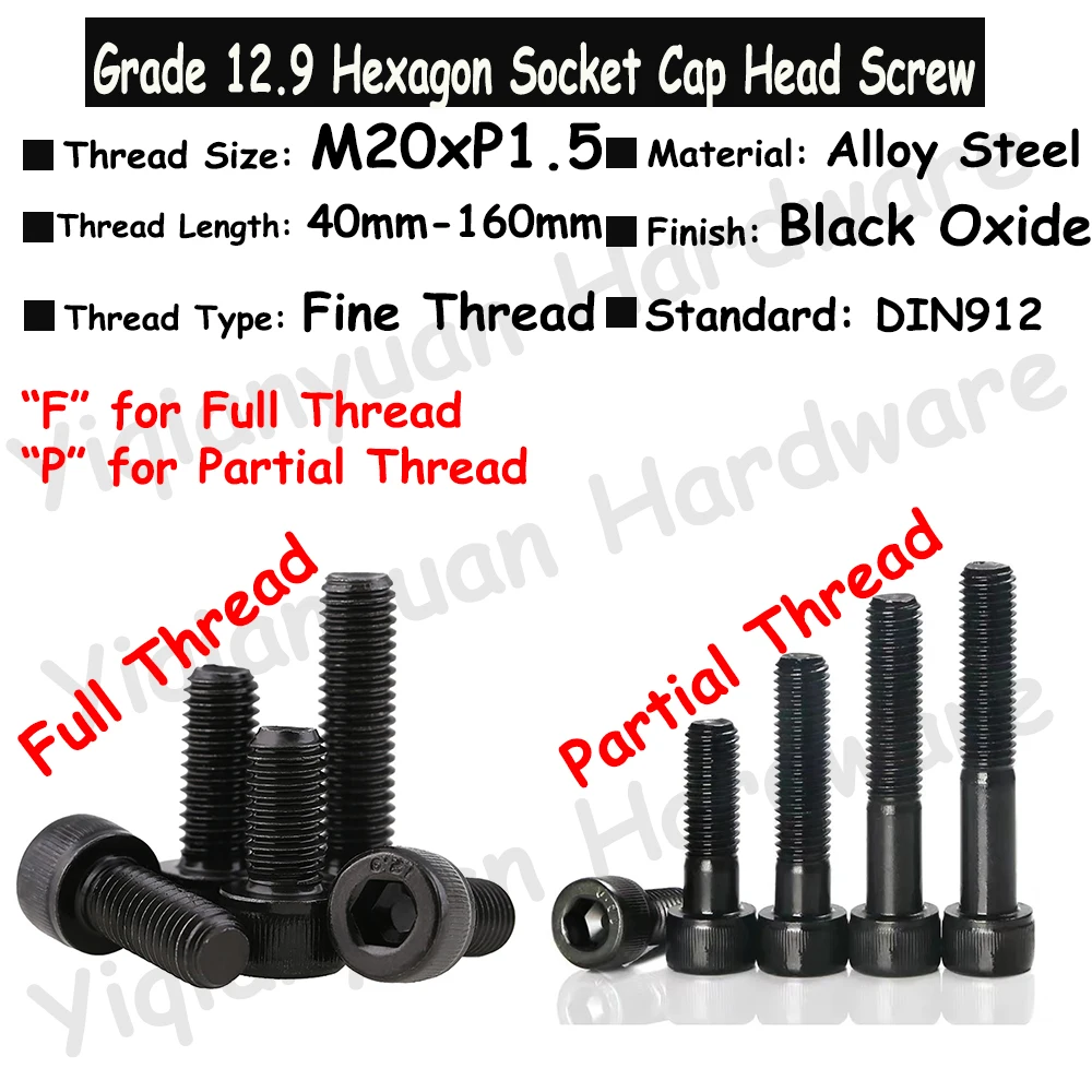 

1Piece~2Pcs DIN912 M20xP1.5 Fine Pitch Thread Grade 12.9 Alloy Steel Hexagon Socket Knurled Cap Head Screw Allen Key Bolts