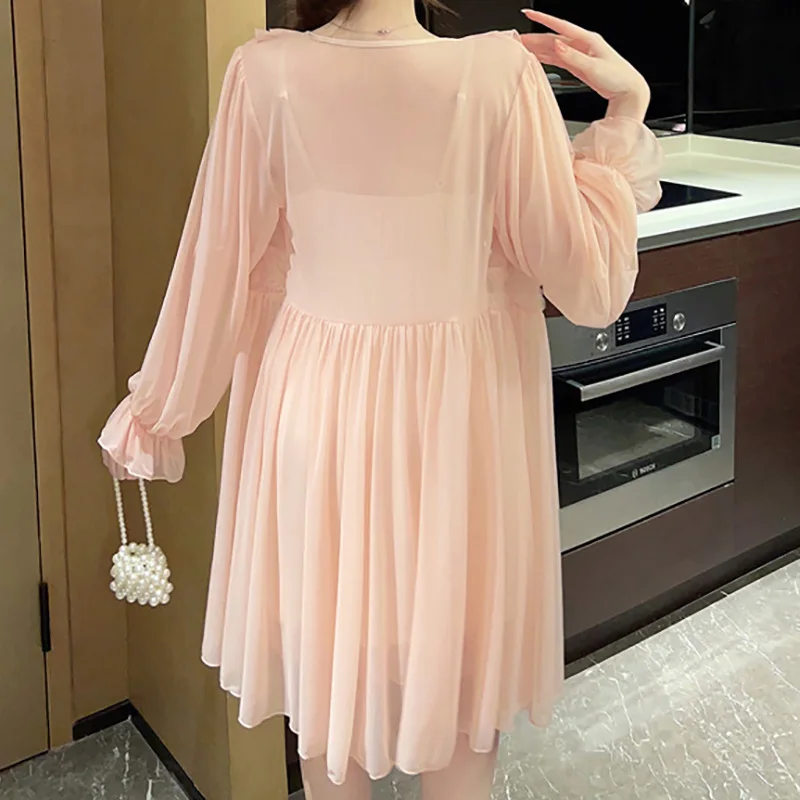 Sexy Vintage Summer Sweet Girls Sleepwear Strap Robe Pajama Set Sleeping Skirt Chest Mat Women Outerwear Home Clothes 3