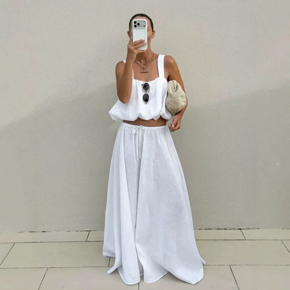 

Summer Casual Loose Holiday Two Piece Sets Elegant High Waist Pants Outfit Simple White Halter Crop Tops&Lantern Long Pants Sets
