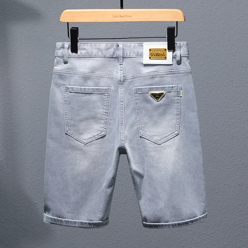 Summer Thin Light Gray Stretch Denim Shorts Men's Fashion Brand Loose Straight Ruffle Handsome Street Casual Cropped Pants