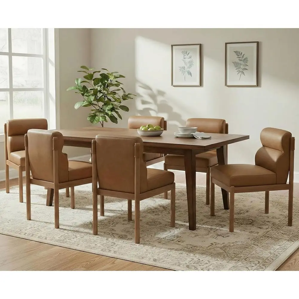 

6-Piece Upholstered Dining Chairs Set, Century-Style Comfort, Leather Seats, Solid Wood, Suitable for Kitchen/Restaurant, Brown