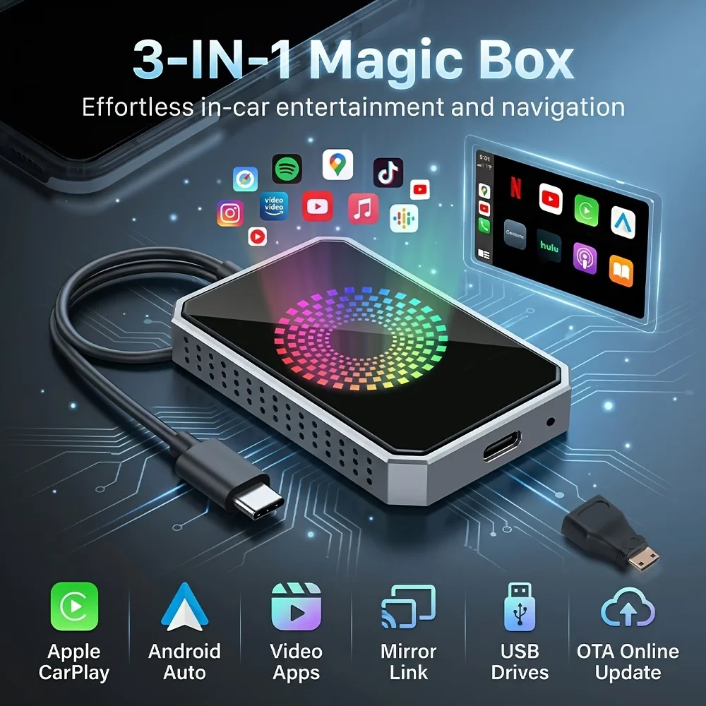 3‑in‑1 Wireless CarPlay & Android Auto Adapter, Magic Box Car Play Dongle with Mirror Link, Support Netflix YouTube Video Apps, USB Drive, OTA Update, for Factory Wired CarPlay Cars