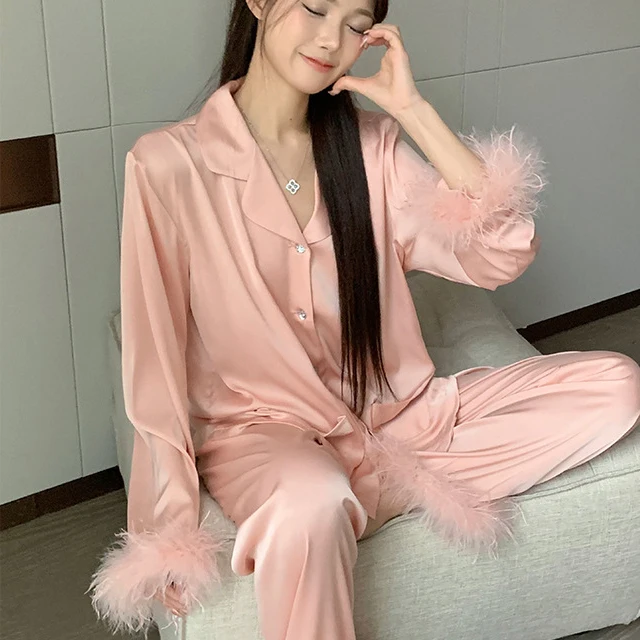 Pink Luxury Feather Female Pajamas Spring Autumn Trouser Set Bride Wedding Sleepwear Gift Sexy Loose Satin Home Wear Loungewear