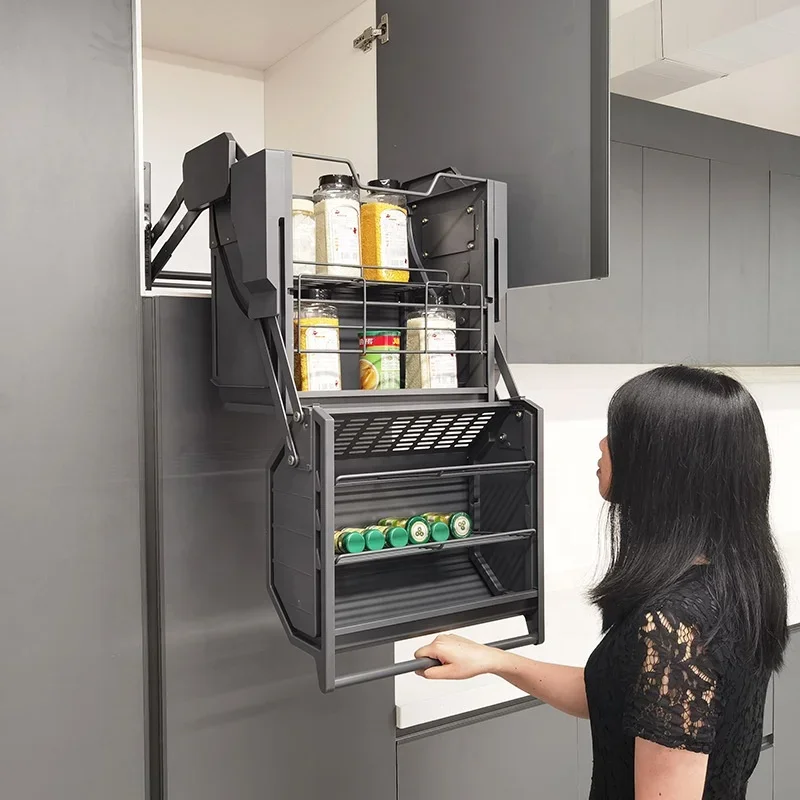 Dual Storage Kitchen Refrigerator Top Cabinet Lifting And Pulling Basket Linked Pull-down Storage Rack Cabinet