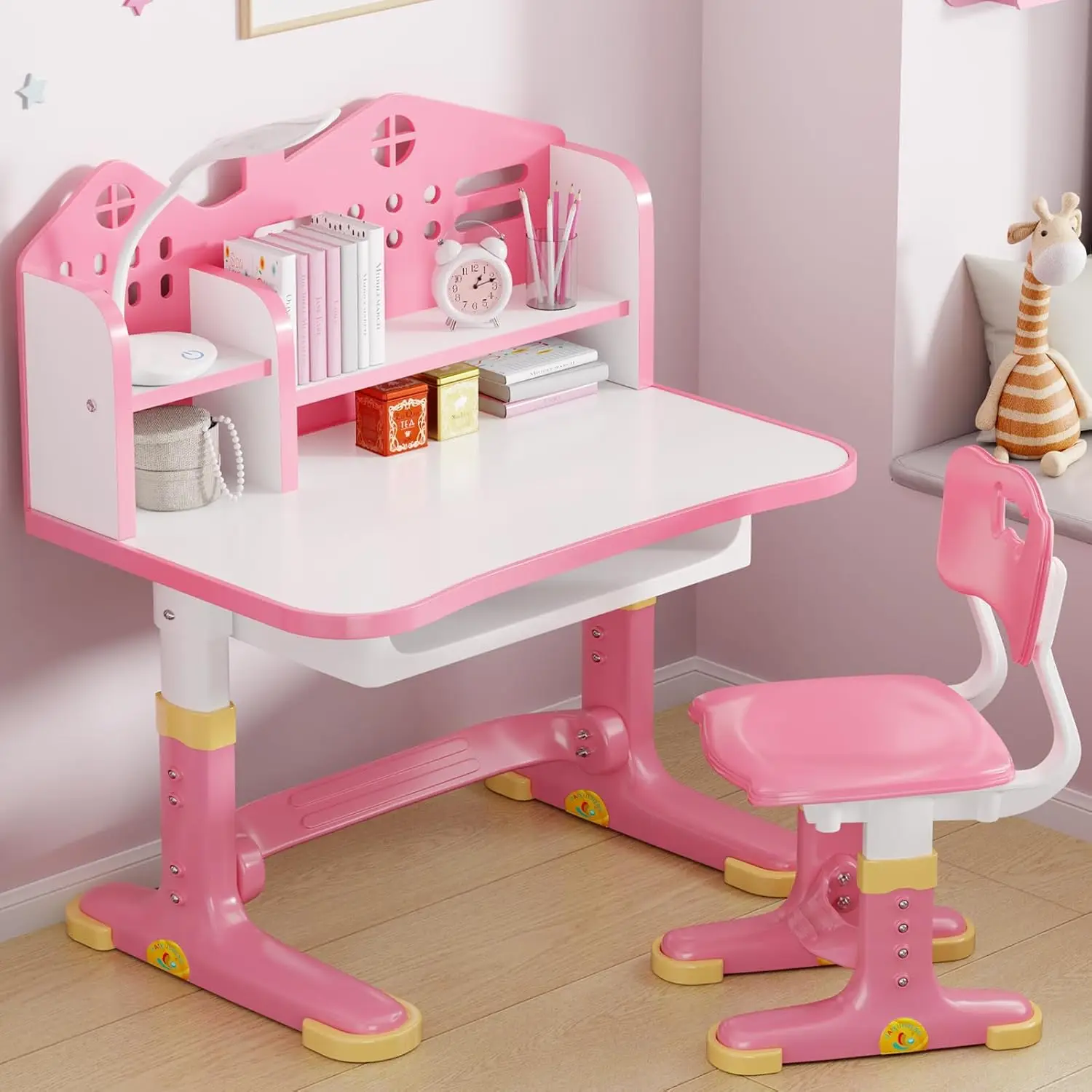 

Adjustable Kids Desk and Chair Set with Bookstand, Storage Drawer for Boys and Girls Study